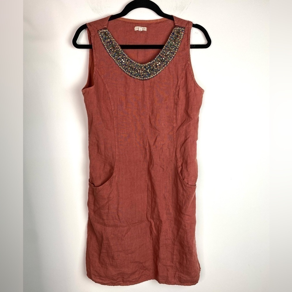 Lina Tomei linen dress Cinamon Medium Beaded neckline